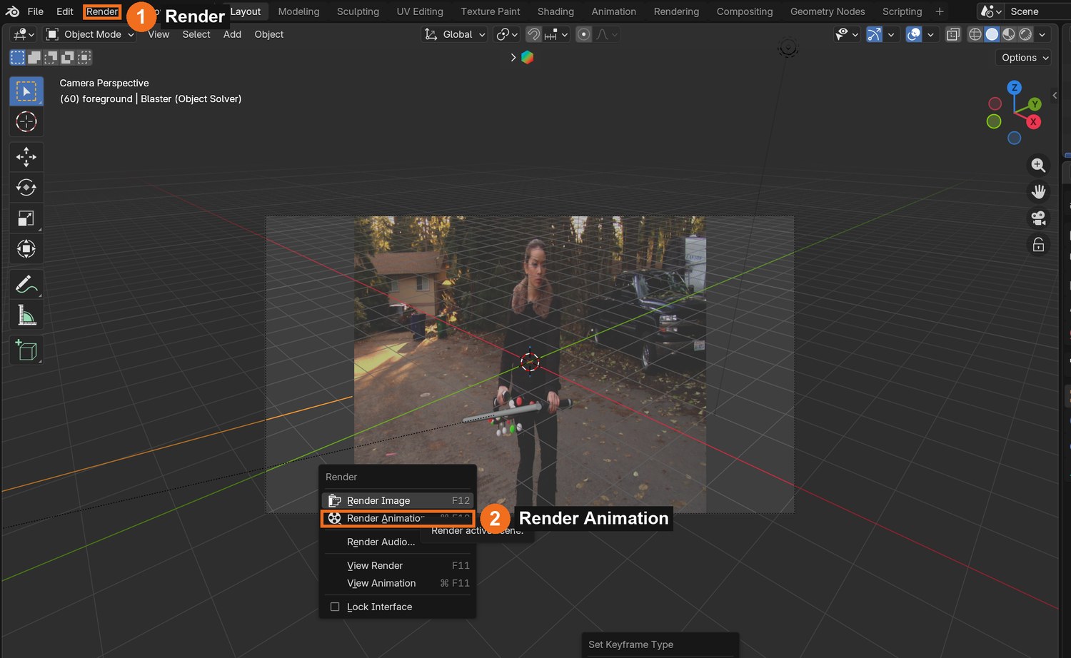 Render (1) › Render Animation (2). Blender writes one PNG per frame into the folder you chose.