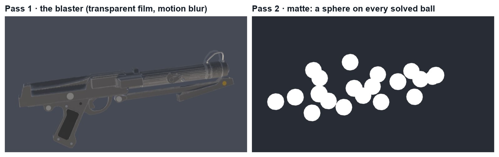 Real renders of frame 151: the blaster pass, and the matte pass with a sphere on every solved ball.