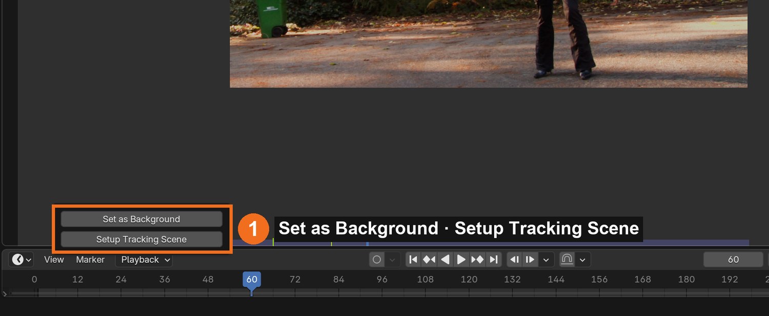 Solve tab › Scene Setup: Set as Background, then Setup Tracking Scene.