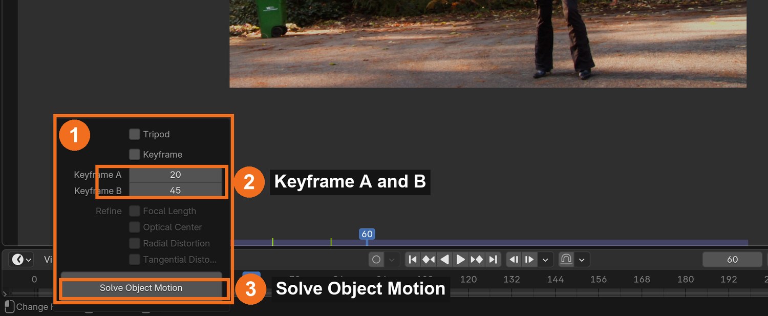 The Solve panel with a tracking object active (captured on the Laser Sword file): keyframes A and B (2), Solve Object Motion (3).