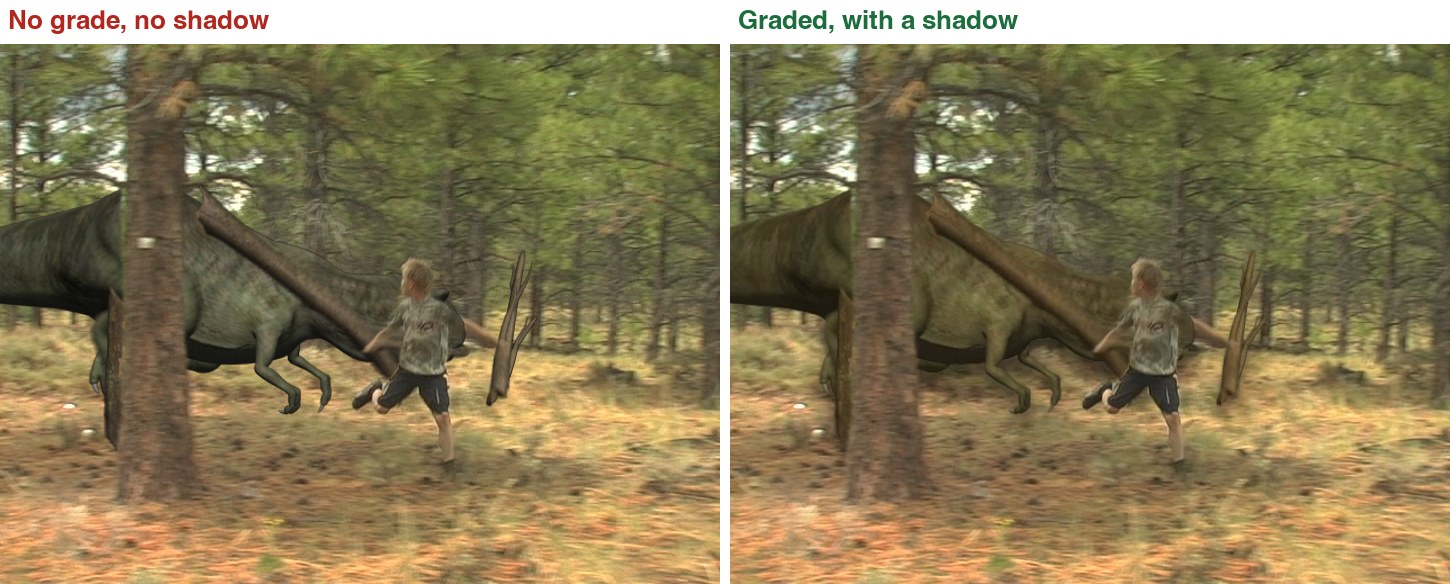 Real frames, frame 186. Left: the render as supplied. Right: after the two solids and a shadow.