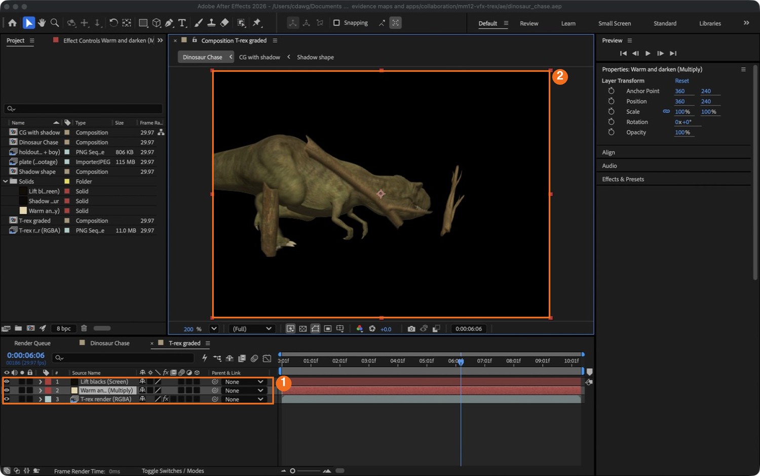 Real screenshot: inside “T-rex graded”. Three layers (1): the render at the bottom, the Multiply solid, the Screen solid. The viewer (2) shows the creature only, because both solids keep its transparency.