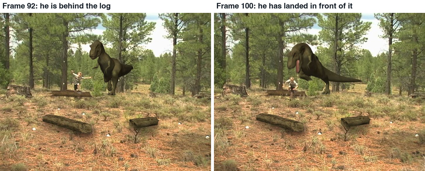 Real frames. Before he lands the log covers his legs; after he lands he covers the log.