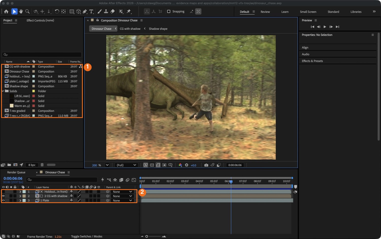 Real screenshot of the finished demo project. The Project panel (1) holds the two sequences and the compositions. The main timeline (2) has three layers: the plate at the bottom, the CG above it, and a matte on top.