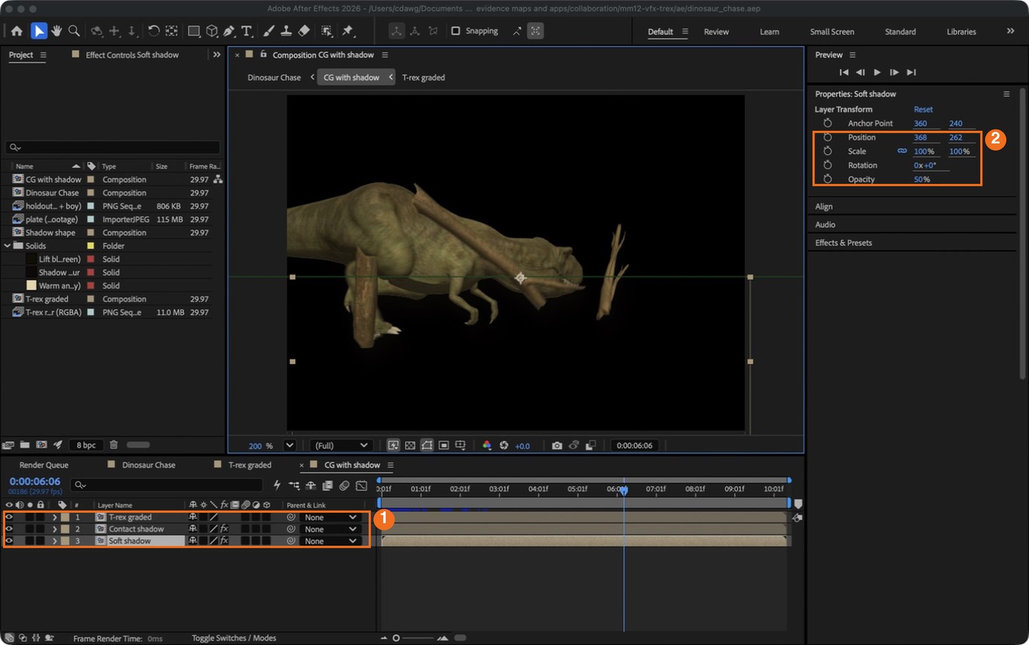 Real screenshot: “CG with shadow”. Three layers (1): the graded T-rex, the contact shadow, the soft shadow. With the soft shadow selected, its Position and Opacity (2) show how far it was moved and how strong it is.