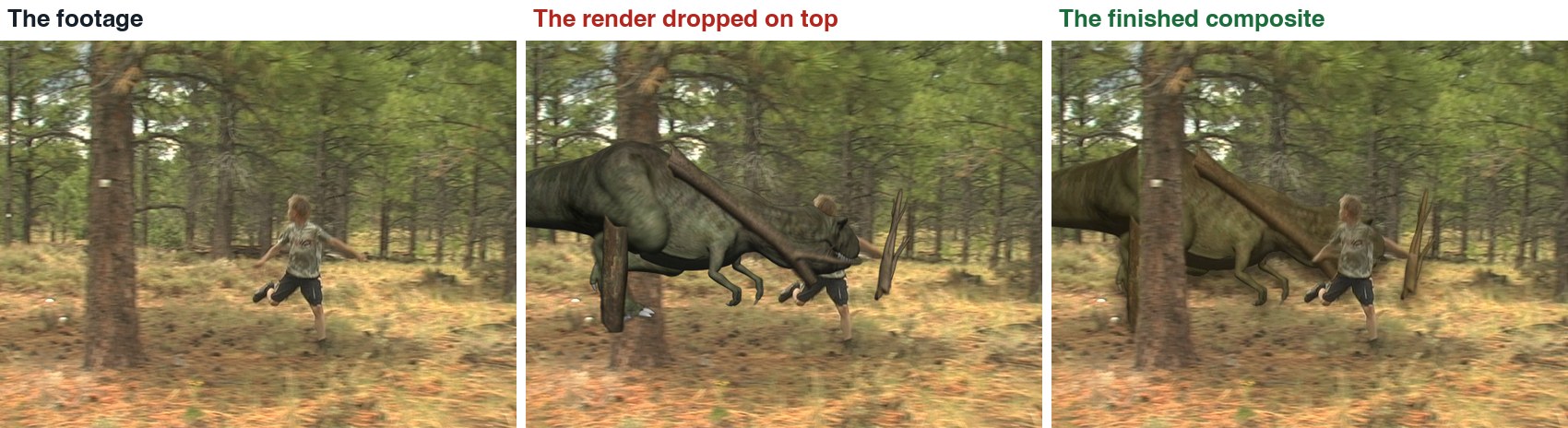 Real frames, frame 186. Left: the footage. Middle: the render simply placed on top. Right: the finished composite from this guide.