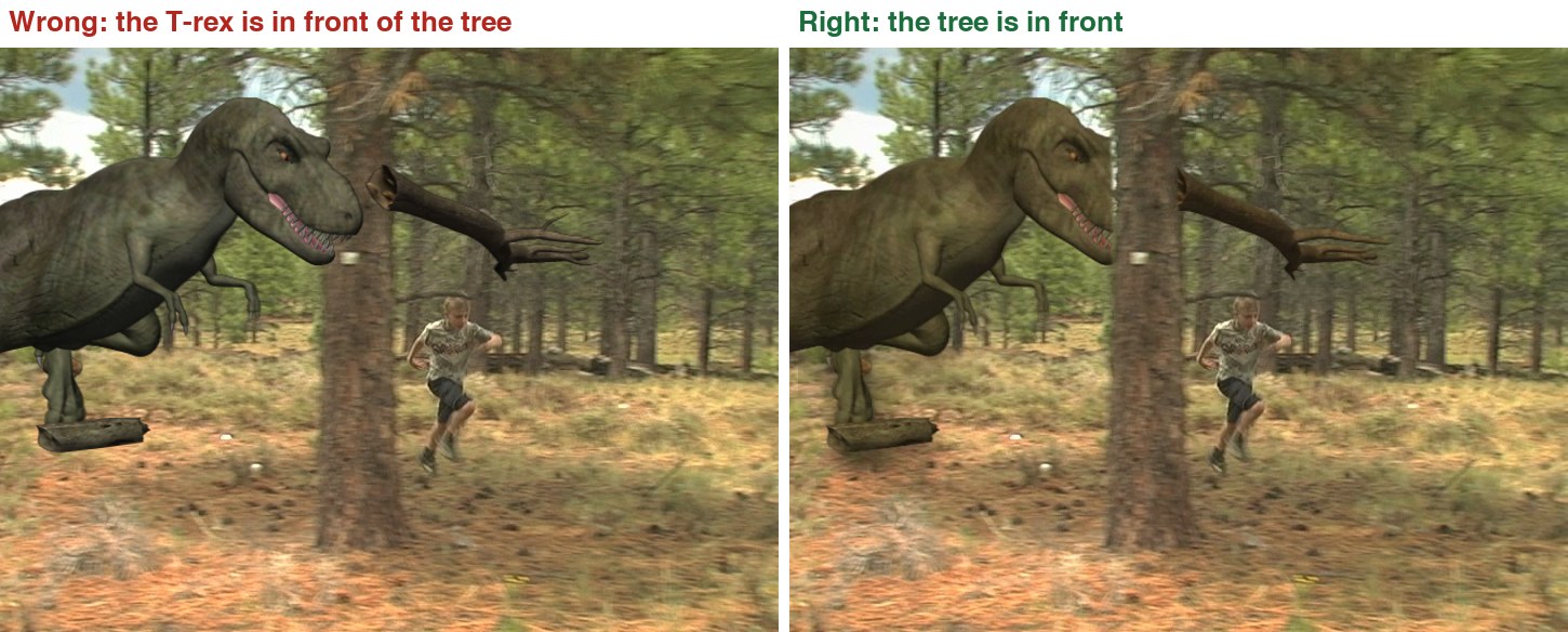 Real frames, frame 172. Left: no holdout. Right: the tracked tree mask puts the trunk back in front.