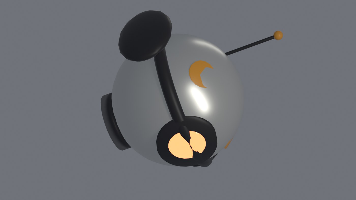 Real render: the demo droid. A sphere, a collar ring, one glowing eye, two fins, an antenna and amber marks. Your design must be your own.