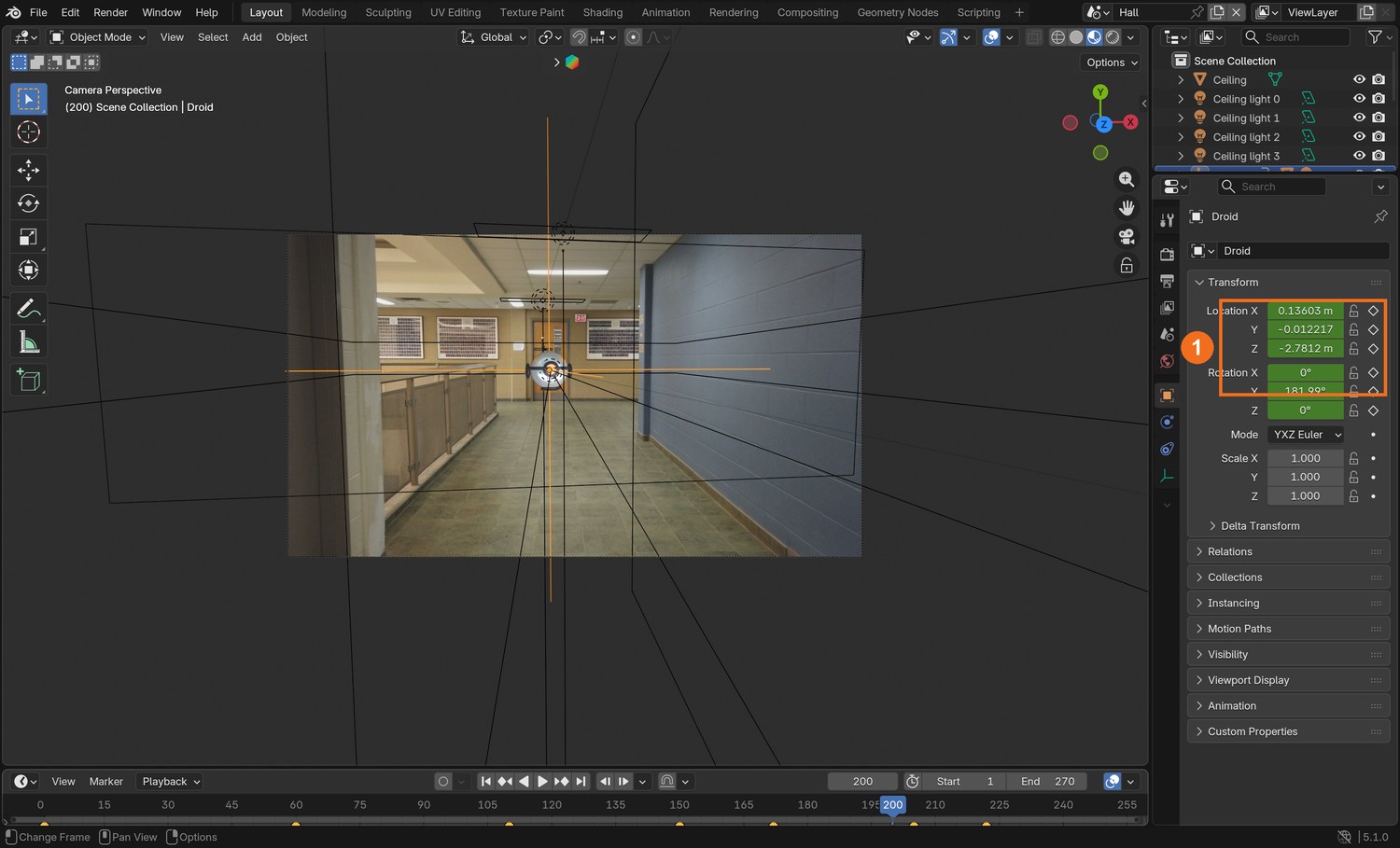 Real screenshot, frame 200: the droid has turned to look at the camera. The green fields (1) are keyed.