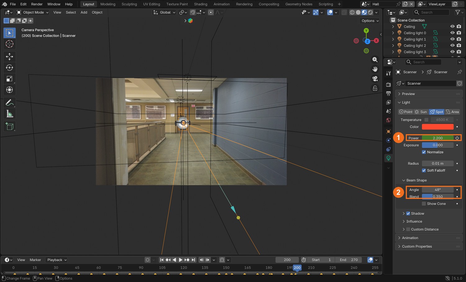 Real screenshot: the Scanner spot light selected. Power (1) is keyed; Spot Size and Blend (2) shape the pool.