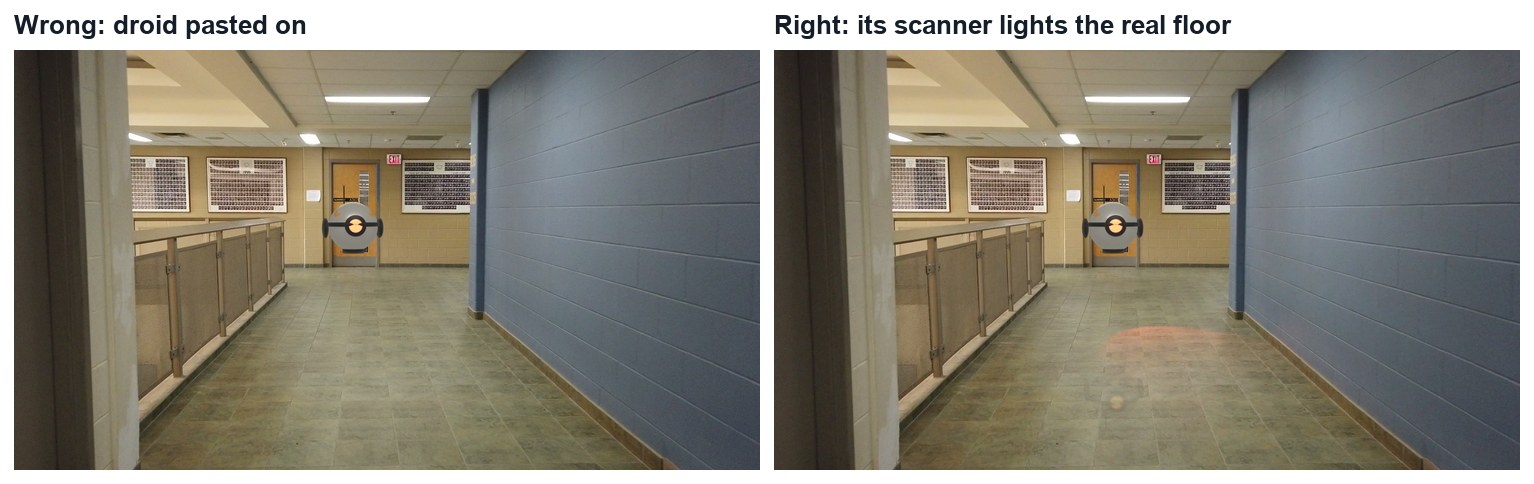 Wrong and right, same frame. Left: the droid pasted over the plate. Right: with its light on the floor.