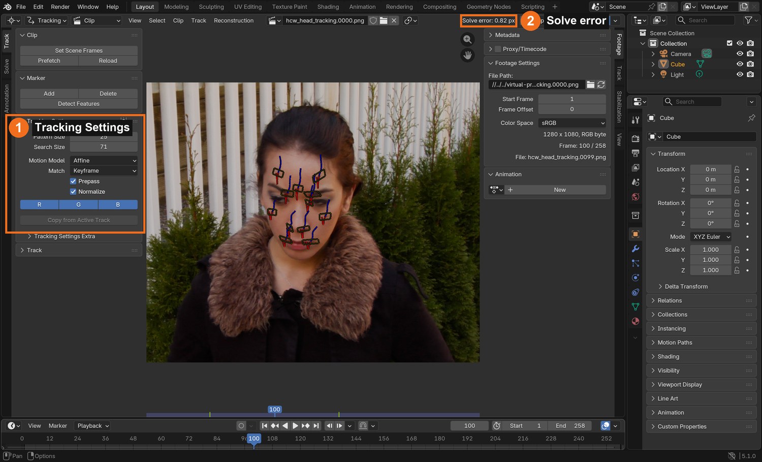 Real screenshot of the demo: the markers on her face in the Clip Editor, Tracking Settings (1) and the solve error (2).