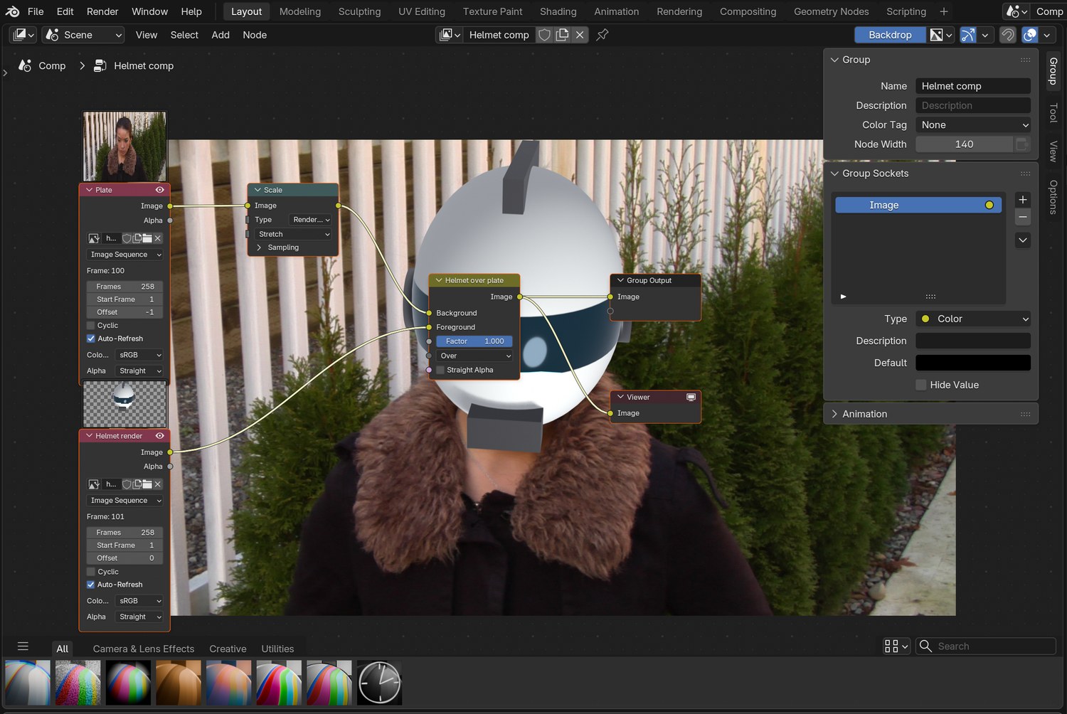 Real screenshot of the demo node tree: the plate, the helmet render, and one Alpha Over.