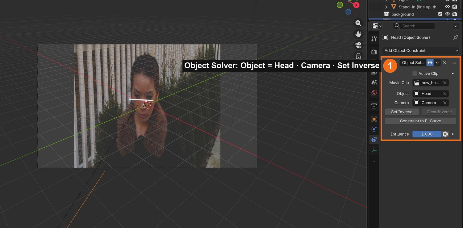 Real screenshot: the Object Solver constraint (Object = Head) and a small white test bar that follows her brow in camera view.