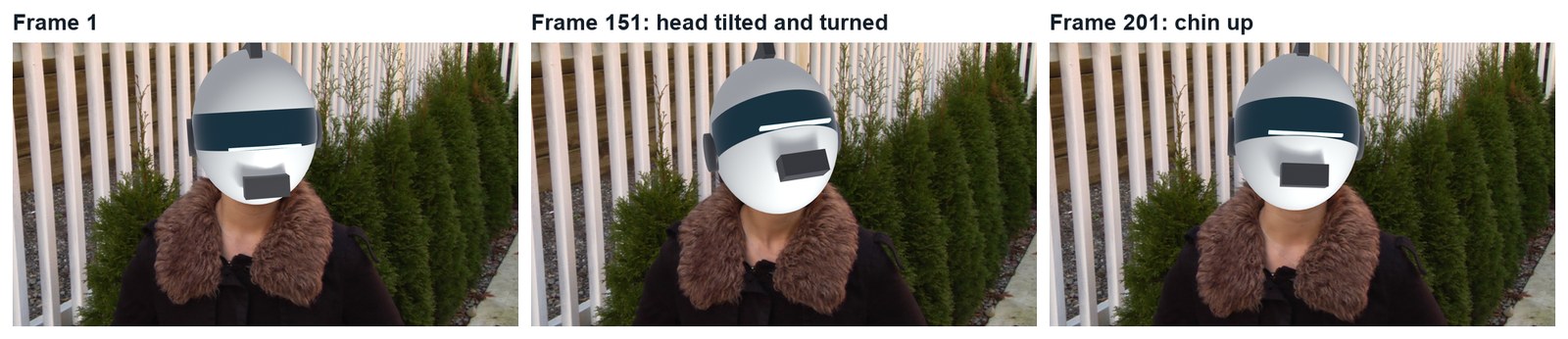 Three real frames from the finished demo: the helmet follows turns and tilts.