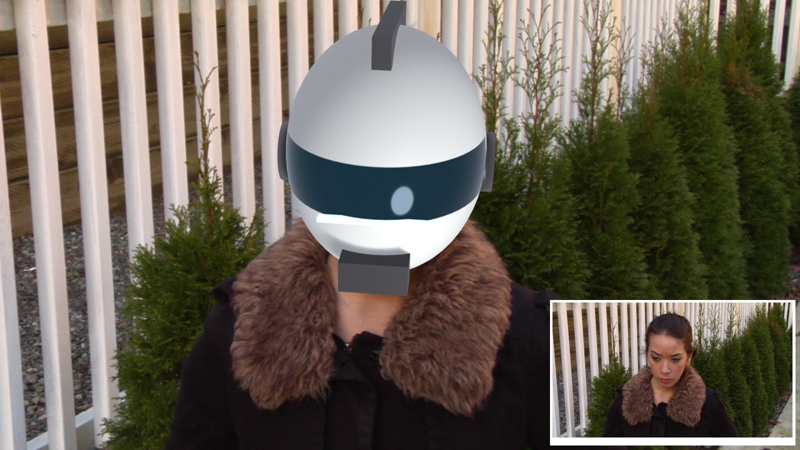 A woman in a fur-collared coat wears a white 3D helmet with a dark visor; an inset shows the original plate with tracking dots on her face