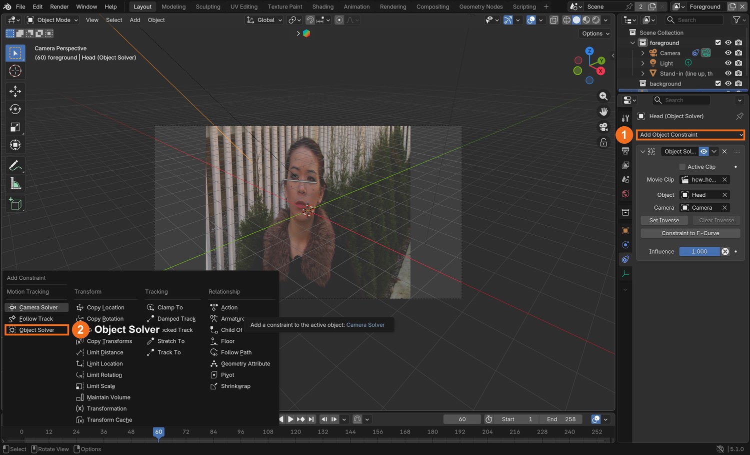 With the Empty selected: Object Constraint properties › Add Object Constraint (1) › Object Solver (2), in the Motion Tracking column. Then set Object to Head and Camera to the scene camera, as in the panel on the right.