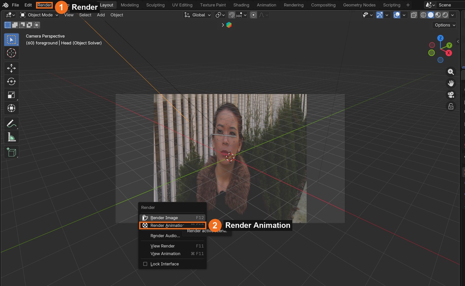 Render (1) › Render Animation (2). Blender writes one PNG per frame into the folder you chose.