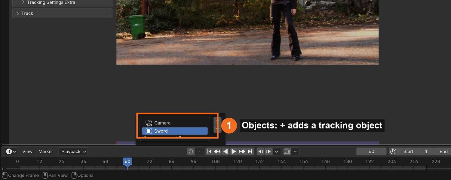 Sidebar › Track › Objects (captured on the Laser Sword file): add and select your tracking object before placing markers.