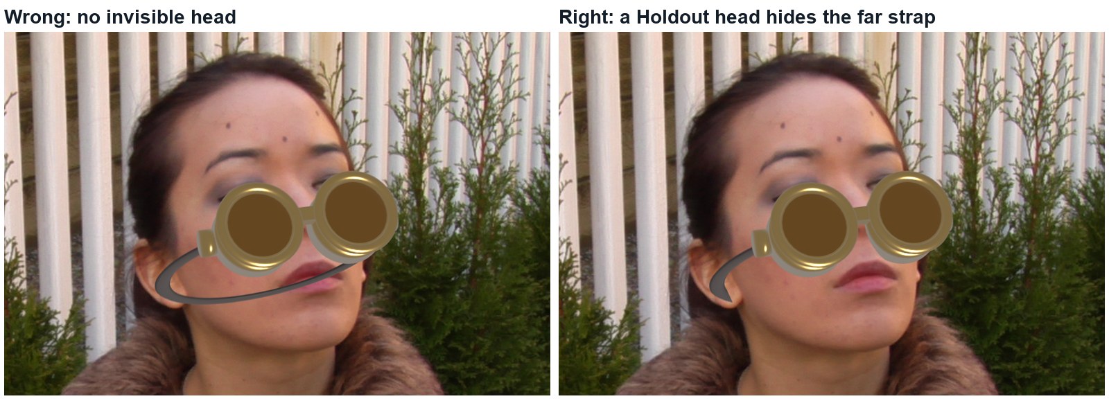 Wrong and right, same frame. Left: no invisible head, so the far side of the goggle strap floats in front of her hair. Right: a Holdout head hides it.