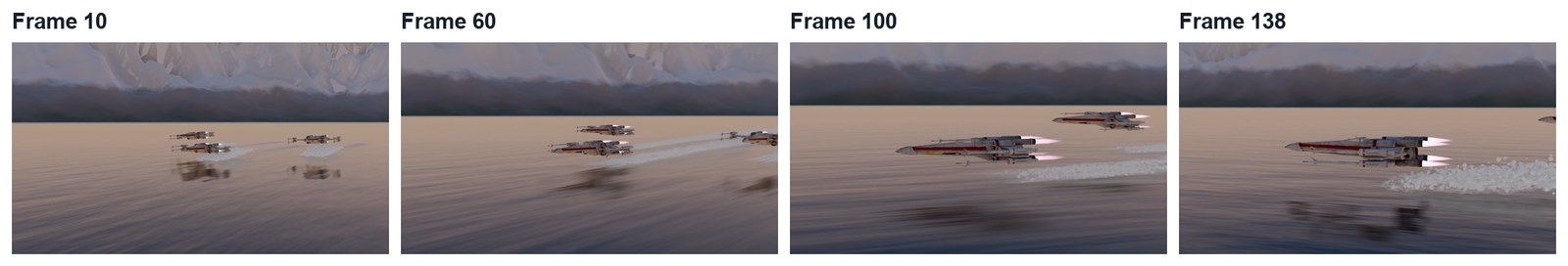 Four frames from the demo. The camera starts ahead of the ships and they catch it up.
