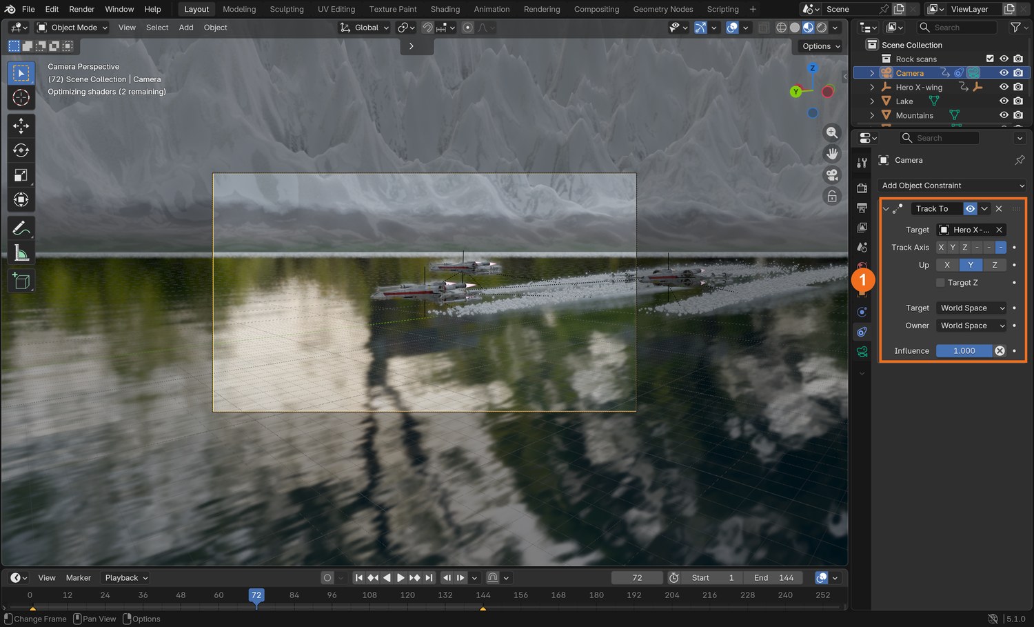 Real screenshot: the Track To constraint (1) on the camera, with the Hero X-wing as its target.