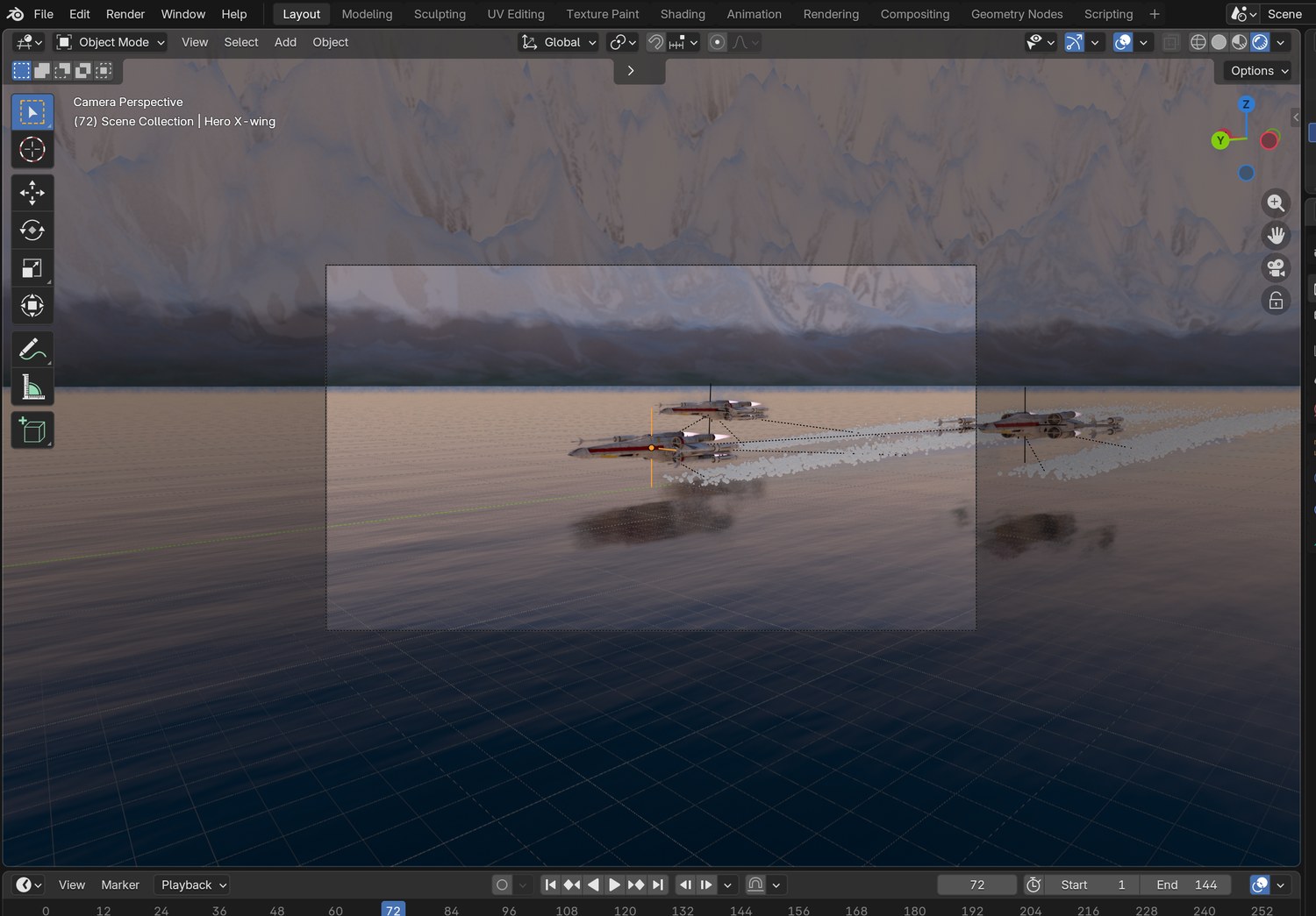 Real screenshot: Rendered view through the camera. The water takes its colour from the dawn sky.