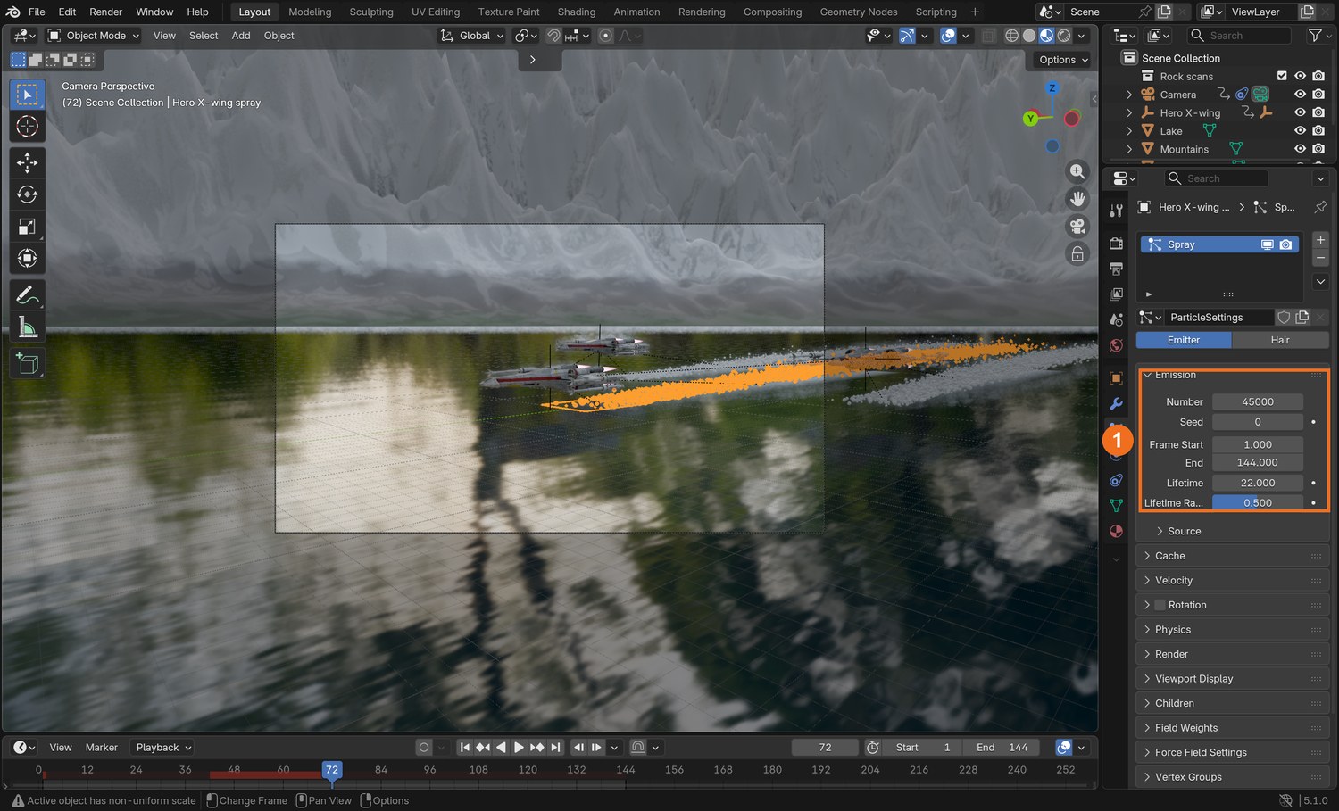 Real screenshot: the spray emitter’s particle settings. Emission (1): Number, Frame Start and End, Lifetime.