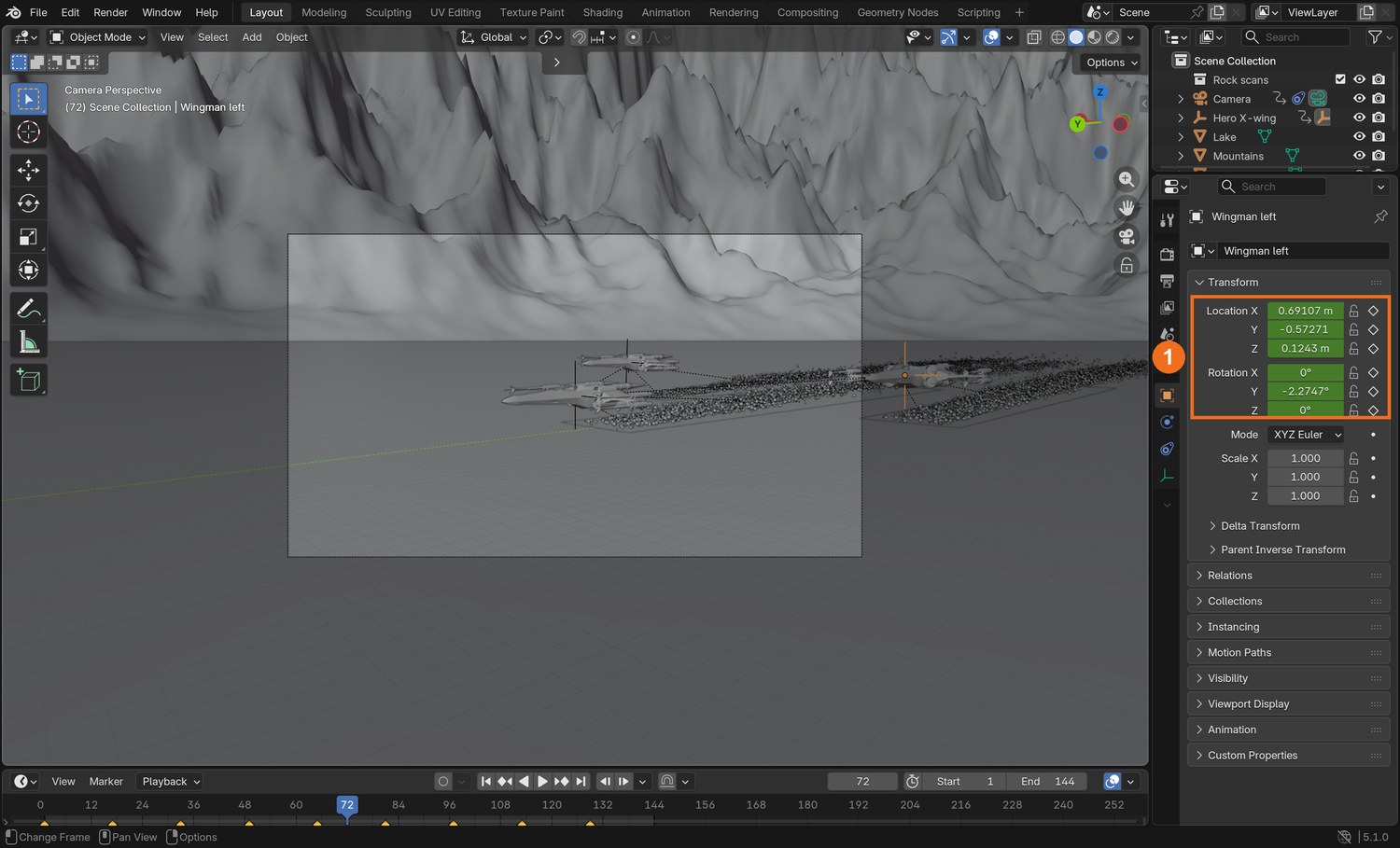 Real screenshot: Wingman left selected. Its Location and Rotation (1) are keyed: small drifts inside its slot in the V.