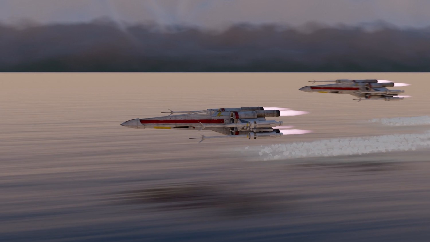A real frame from the demo render: reflection, spray and motion blur all visible.
