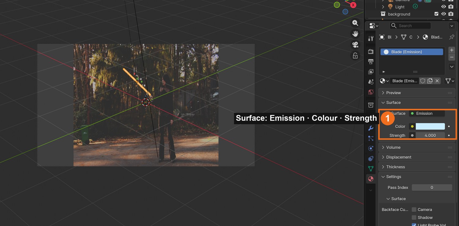 Camera view with the blade over the plate. Material properties: Surface set to Emission, with Colour and Strength.