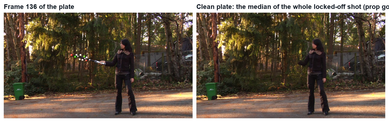 Real images: a frame of the plate, and the clean plate made from the median of the whole shot. The prop has vanished.