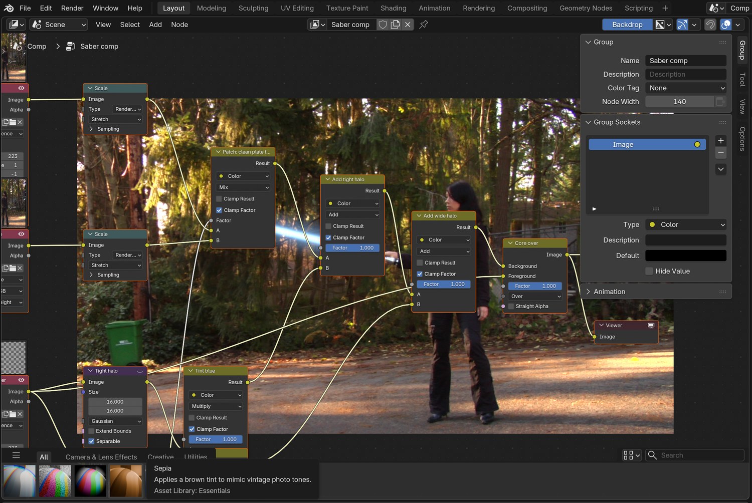 Real screenshot of the demo node tree: plate and clean plate mixed by the matte, two tinted halos added, then the white core over the top.