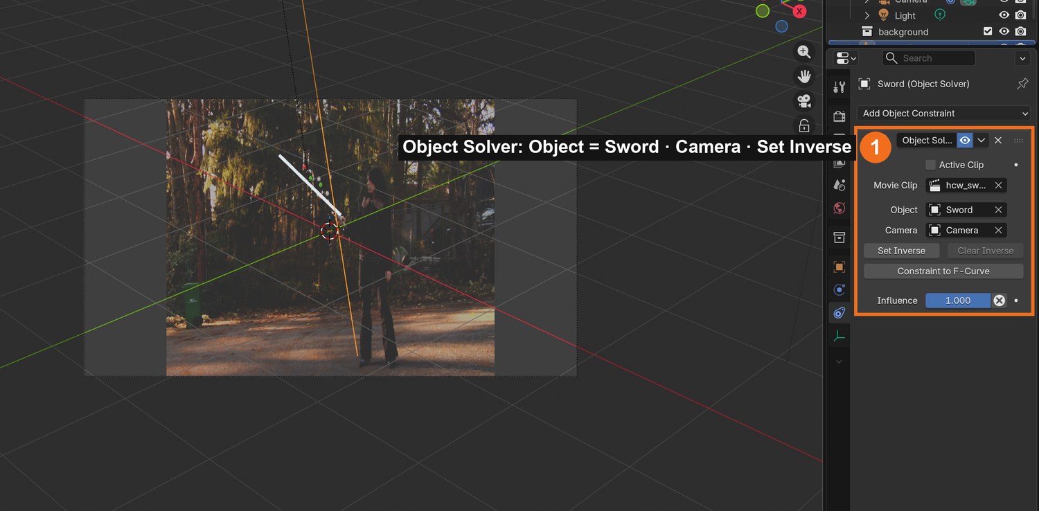 Real screenshot: the Object Solver constraint on the Empty, with Object set to Sword and the Camera chosen. The blade follows the prop in the camera view.