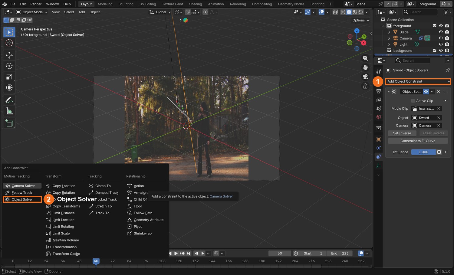 With the Empty selected: Object Constraint properties › Add Object Constraint (1) › Object Solver (2), in the Motion Tracking column. Then set Object to Sword and Camera to the scene camera, as in the panel on the right.