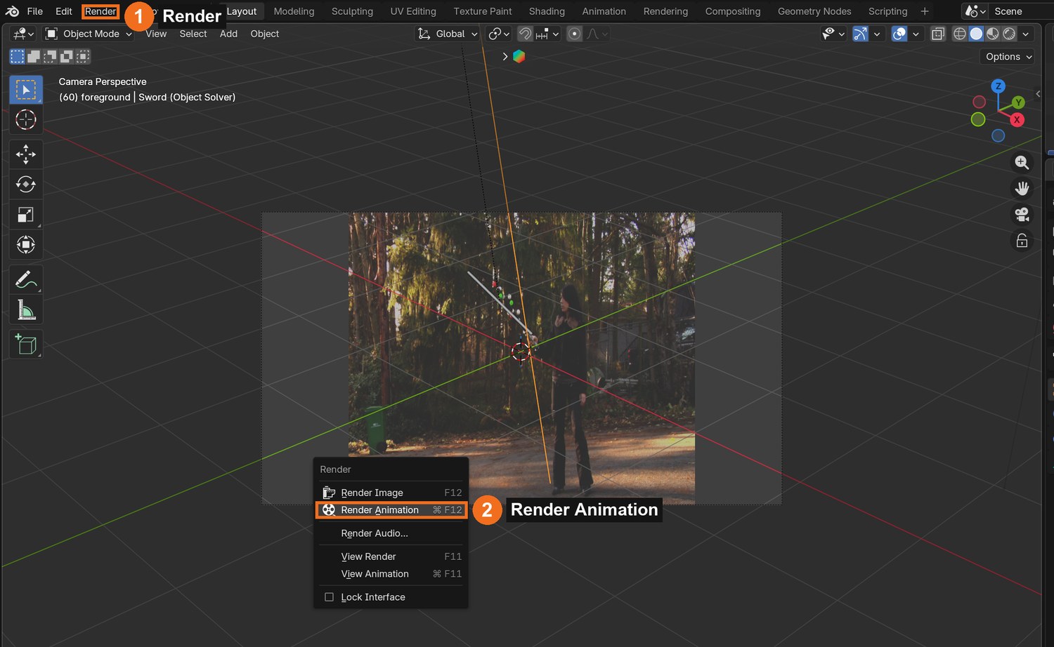 Render (1) › Render Animation (2). Blender writes one PNG per frame into the folder you chose.