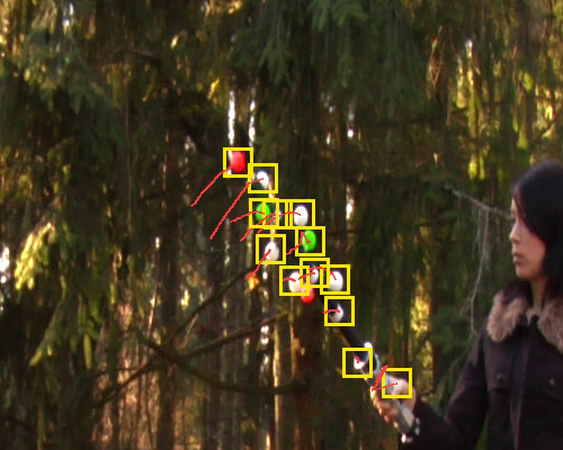 Markers on the balls in the demo at frame 60 (yellow), with the path each one took over the previous 14 frames (red).