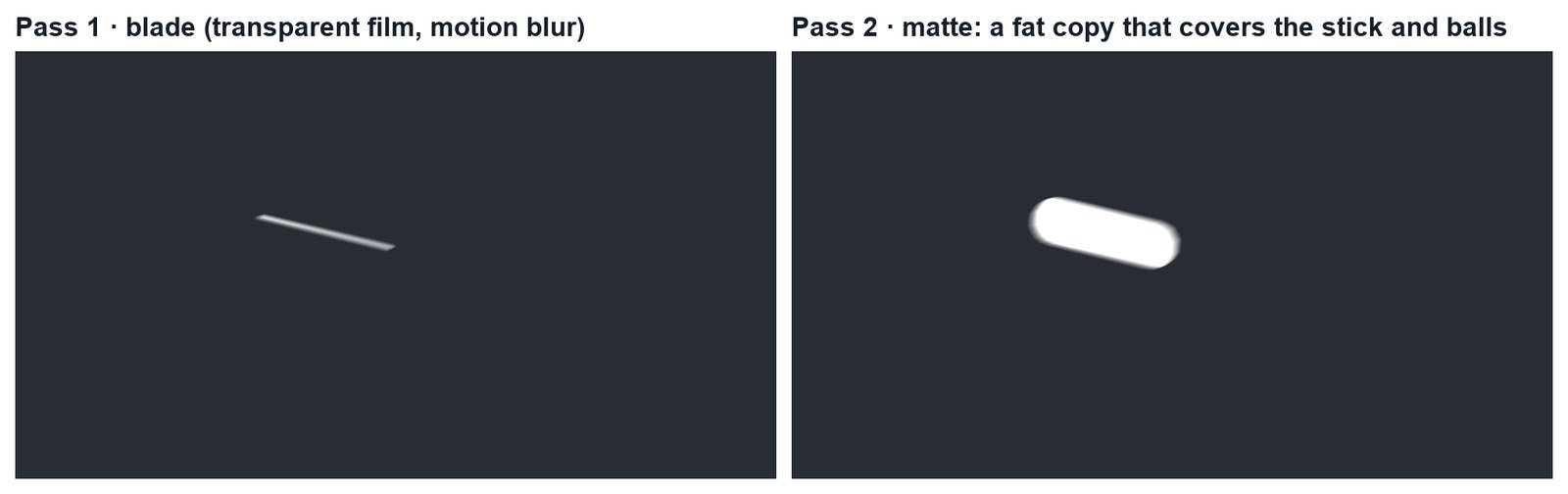 Real renders of frame 136: the blade pass, and the matte pass that covers the stick and balls.