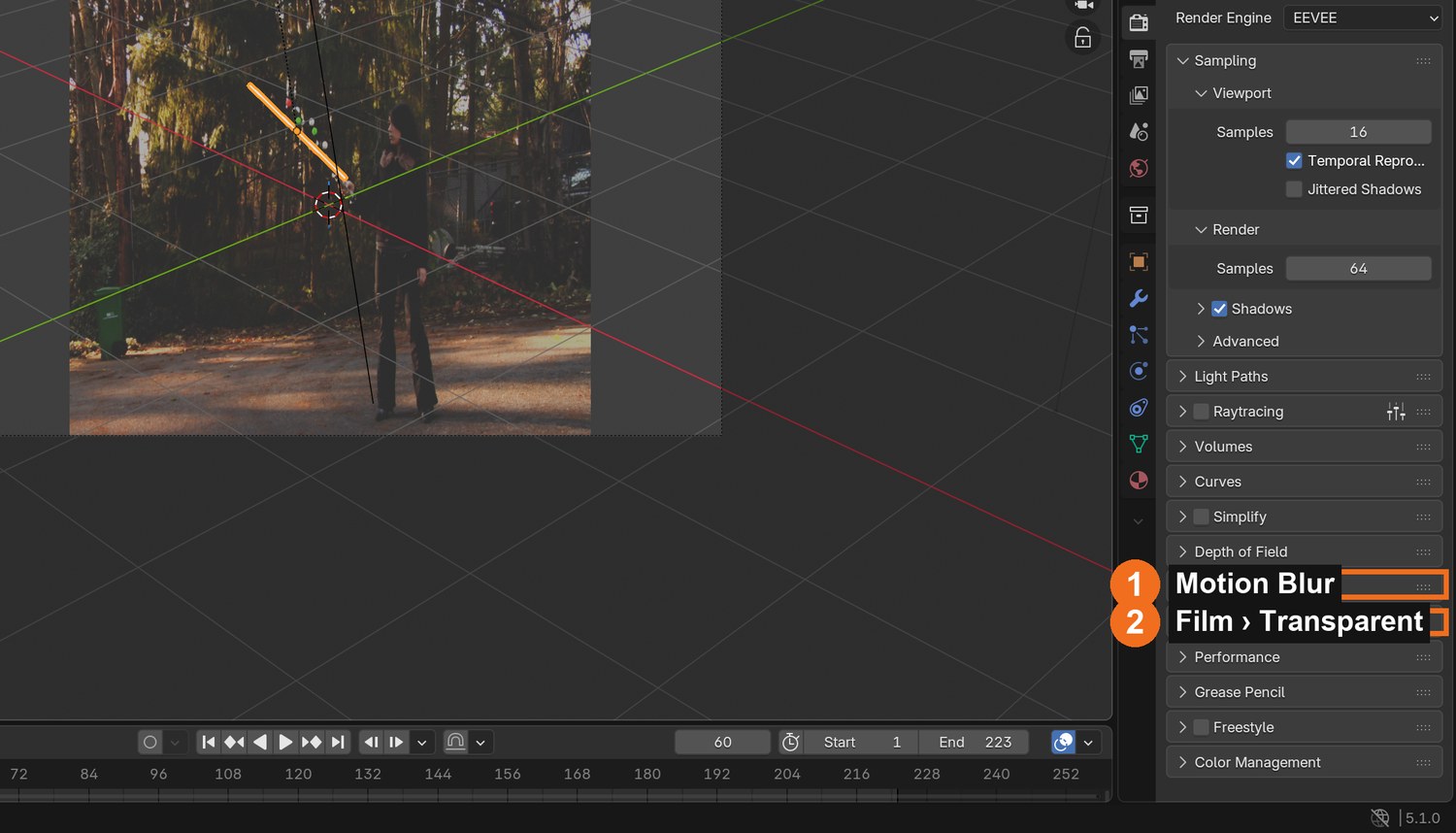 Render properties: tick Motion Blur (1) and open Film to tick Transparent (2).