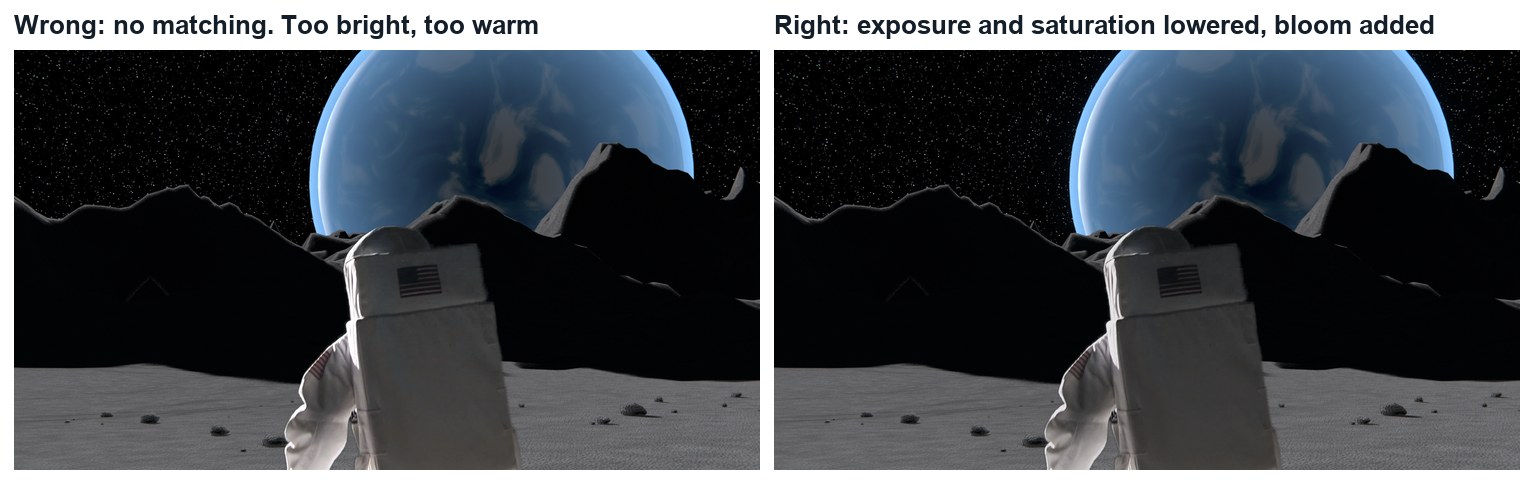 Wrong and right, same frame. Left: the key with no matching: too bright and too warm. Right: exposure and saturation lowered, bloom added.