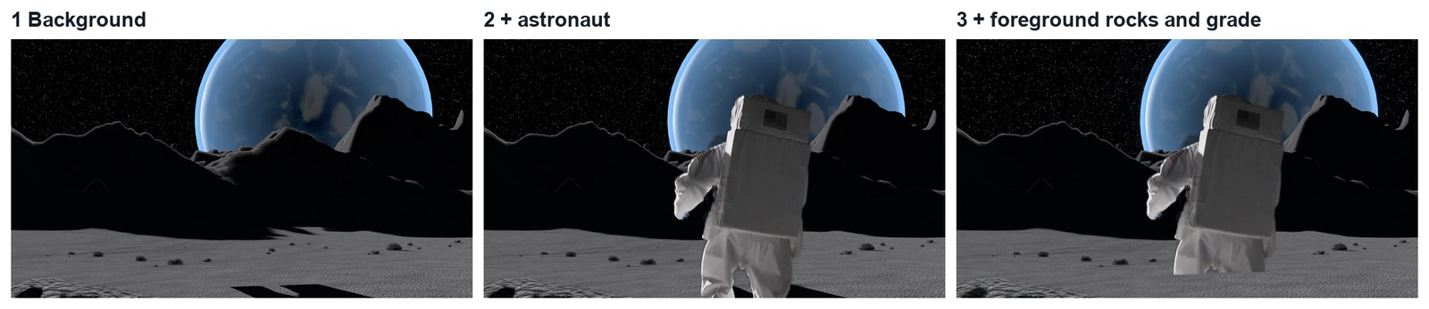 Real demo images, frame 171: background, astronaut added, foreground rocks added.