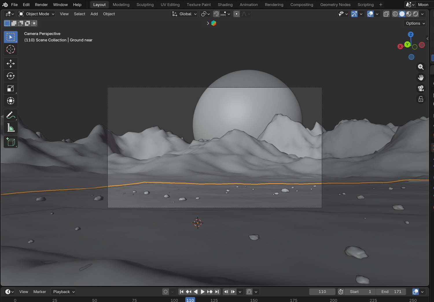 Real screenshot: the tracked camera’s view of the demo moon in Solid view, before any lighting.