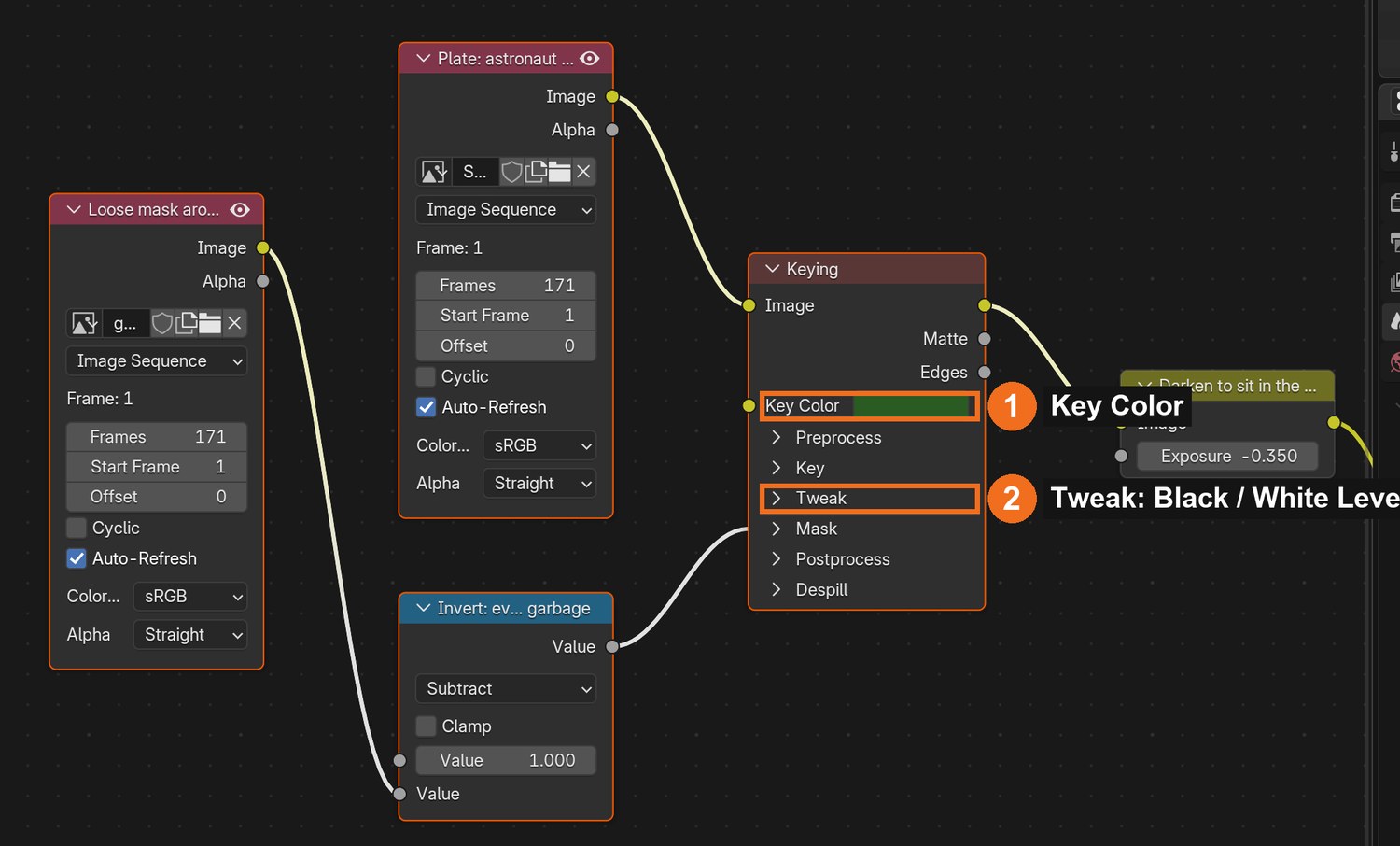 The Keying node in the demo file: Key Color (1), Black Level and White Level (2).