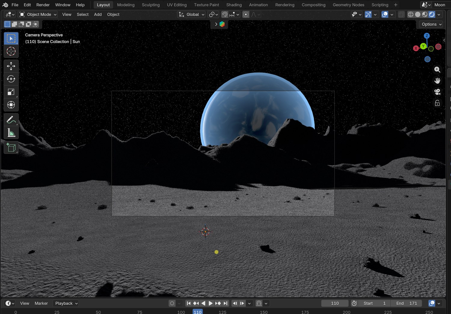 Real screenshot: Rendered view through the tracked camera. A low, hard sun from behind on the left; black sky.