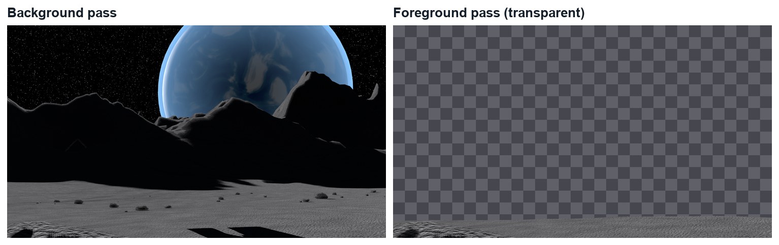 Real renders from the demo, frame 171: the background pass, and the foreground pass on a transparent background.