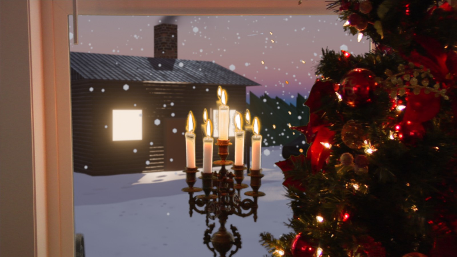 A candelabra and Christmas tree in front of a window; outside, a snowy cottage with glowing windows