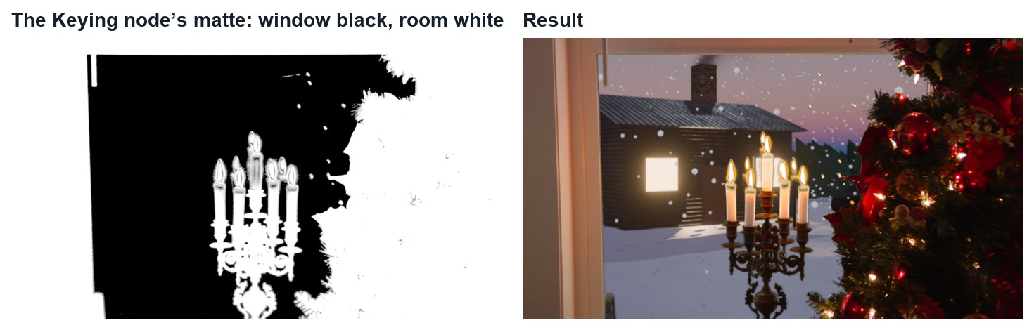 Real renders at frame 140: the Keying node’s matte, and the result over the new view.