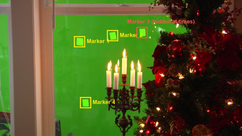 Frame 101 of the plate with the demo’s four markers. Marker 3 (red) is hidden for part of the shot, so only the other three are used.