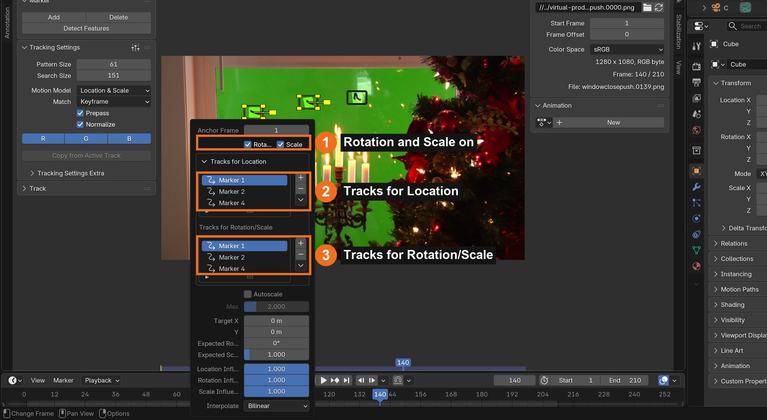 Real screenshot of the Stabilization panel in the demo: Rotation and Scale ticked (1), three tracks for location (2) and the same three for rotation/scale (3).