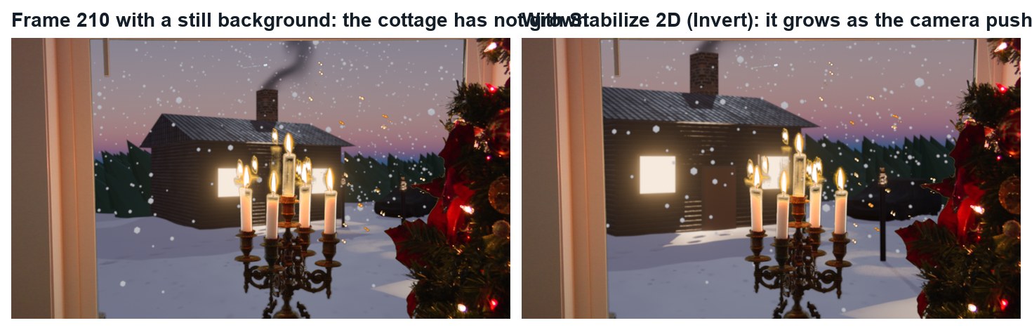 Real renders of frame 210: with a still background (left) the cottage has not grown; with Stabilize 2D inverted (right) it has.